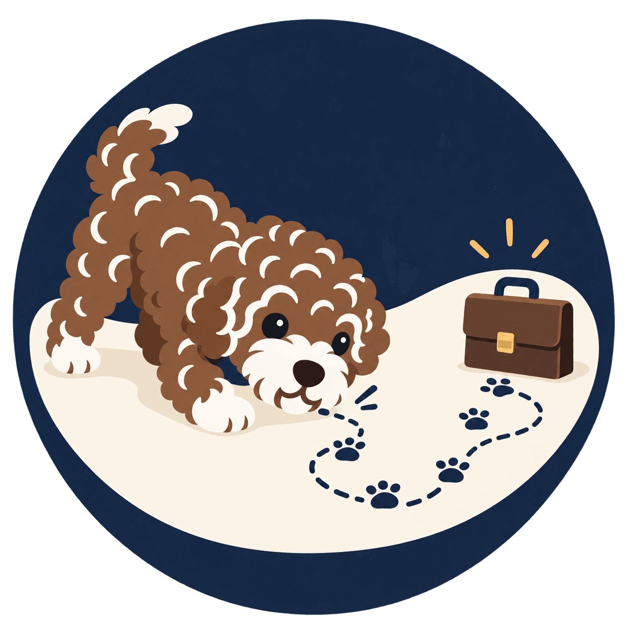 An illustrated Lagotto dog following a scent trail toward a briefcase